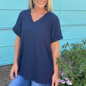 Zenana XL Navy Rolled Short Sleeve V-neck with Side Slit High Low Hem